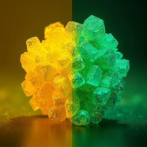 Visual representation of crystalline and disordered states of a chemistry compound. Left side in diffuse yellow showing disordered state. Right side with sharp green crystals representing crystalline structure. Background split with soft texture on one side and geometric shapes on the other. Clean design suitable for a chemistry journal cover.