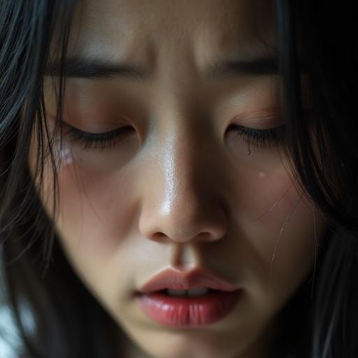 Closeup shot of Asian woman. Eyes closed. Crying with tears. Head slightly tilted upward. Tears dripping on cheek.