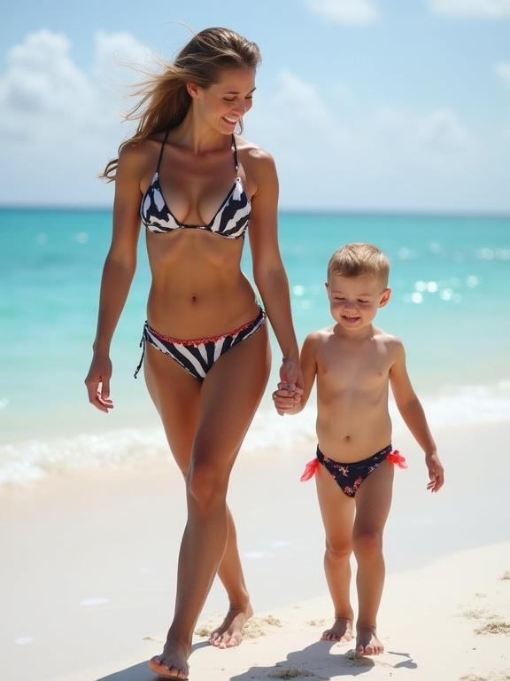 Beautiful mother in bikini walking on a beach with young son. They are smiling and enjoying their time together.