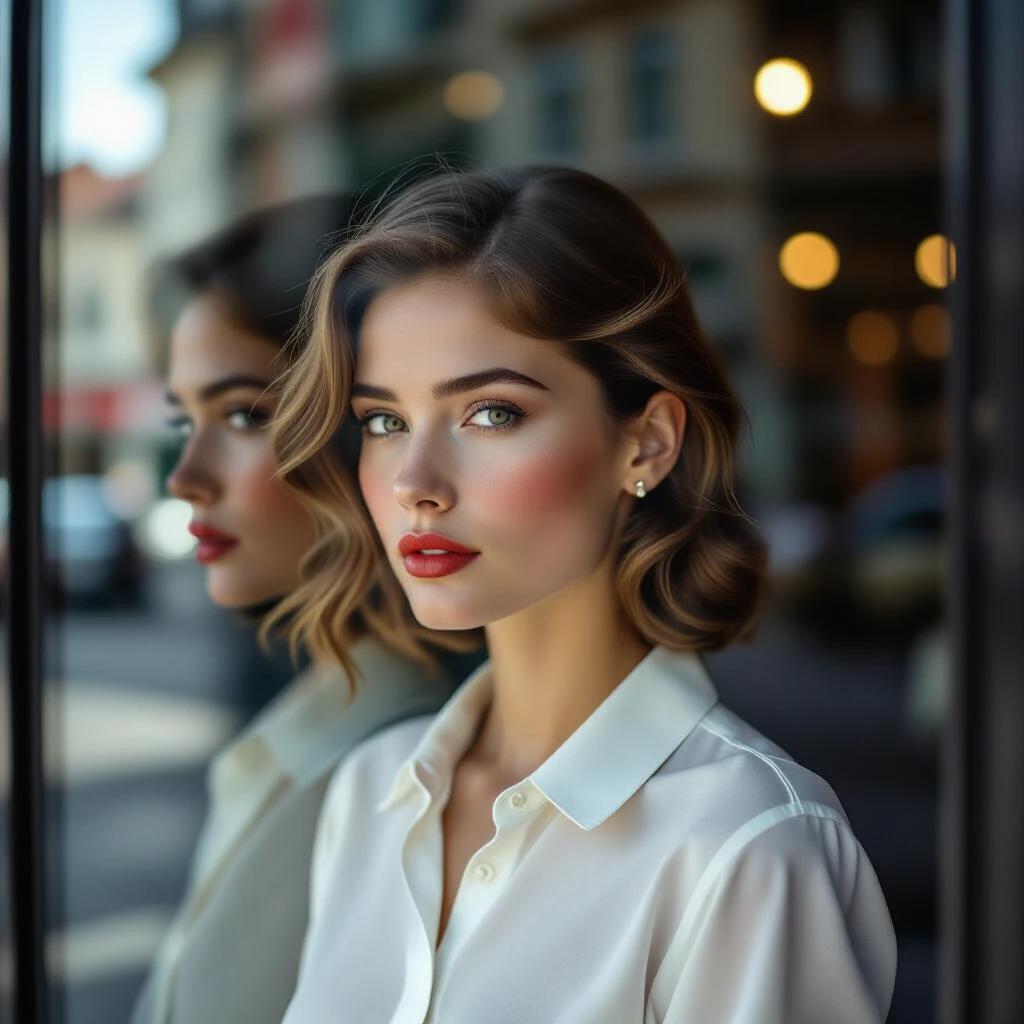 Image of a woman reflected in a shop window with distorted reflections. The image features a softly lit scene captured through glass. Use elements such as focus shift artifacts and atmospheric condensation streaks. The scene suggests pre-war tension shown in the relaxed posture of the subject. The composition is framed with an intentional crop at the forehead and highlights on the cheekbones are slightly overexposed. A vignette is present, darker on the right edge due to the sun position.