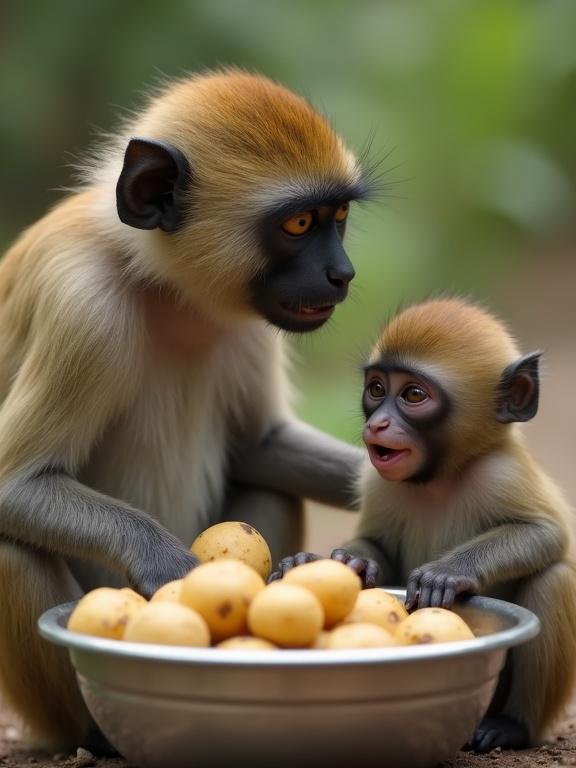 A hyper-realistic scene features a langur monkey with a baby monkey beside a bowl of potatoes. The adult monkey looks slightly angry in a protective manner while the baby appears surprised and cheeky. The setting is natural with vibrant greenery and well-defined facial features of both monkeys. The focus is on their expressions and interactions.