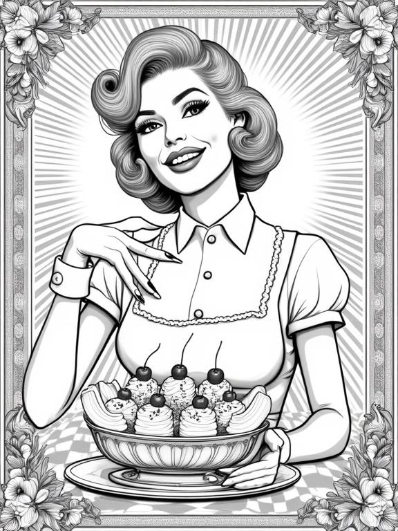 Black and white hand-drawn coloring page depicts glamorous 1960s woman with voluminous bouffant hair. She presents extravagant banana split with three scoops of ice cream and toppings. Realistic facial features, slender neck, and accurate hand positioning. Retro sunburst background with wording and checkered floor. Ornate floral border enhances overall composition.