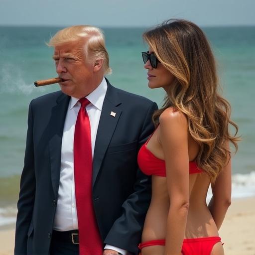 President Donald Trump is seen on a beach wearing a suit and tie. Cigar in hand. Melania Trump wearing a bikini. Ocean in the background. Warm weather. Friendly atmosphere.