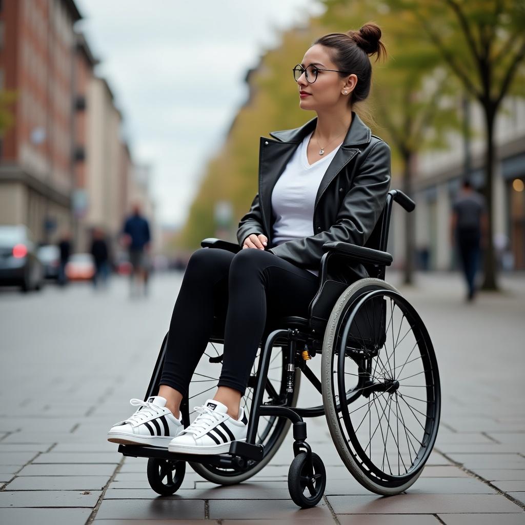 Young attractive woman sitting in a black sports wheelchair. Wearing Adidas Superstar sneakers. Modern urban setting. Soft daylight and relaxed pose. Stylish leather jacket and casual clothing.