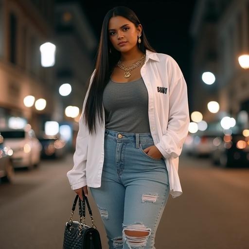 Full body photo of a confident woman on a city street at night. She is slightly plus-size with narrow shoulders and a small waist. She has long straight hair and wears a gray top, oversized white Chanel shirt, and light blue ripped jeans. She completes her look with Yeezy shoes and holds a small black Chanel handbag. Urban environment is highlighted by dim lighting with cars in the background.