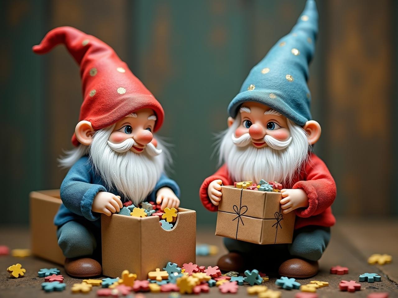 This image features two whimsical gnomes, each characterized by a colorful pointed hat and a cheerful demeanor. One gnome is busy packing colorful puzzle pieces into a box, while the other is adding pieces from one box to another. The scene is set against a warm, rustic backdrop, enhancing the cozy vibe. The gnomes showcase a playful spirit, ideal for children's themes or festive decorations. The bright colors and joyful expressions evoke a sense of fun and creativity.