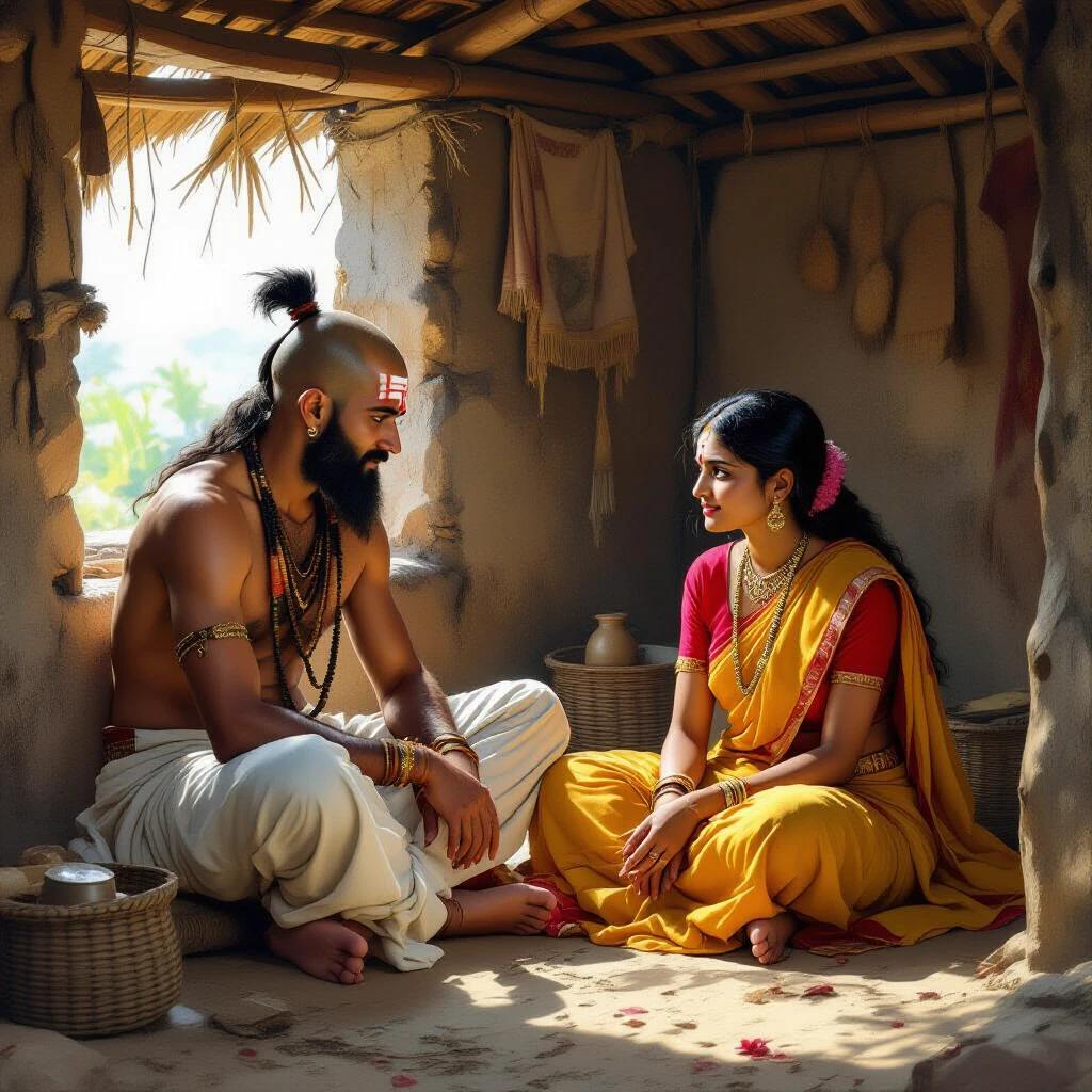 A mythological scene featuring Sudhama and his wife in a poor hut. Sudhama is young, with a single ponytail and wearing simple clothes. His wife, dressed in traditional attire, is engaged in conversation, suggesting he seek solutions for their poverty.