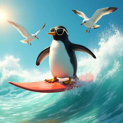 Penguin on a surfboard riding a wave. Seagulls accompanying the penguin wear sunglasses. Bright sunny beach scene with a wave of lemonade.