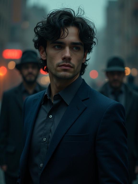 A photorealistic image of a handsome New York detective. He appears to be in his twenties with thick dark wavy hair. He is wearing a dark blue suit. The setting is gritty with three cartel gunmen in the background. Strong contrasts from the lighting create a moody atmosphere. The camera shows a low angle view with tense daylight lighting.