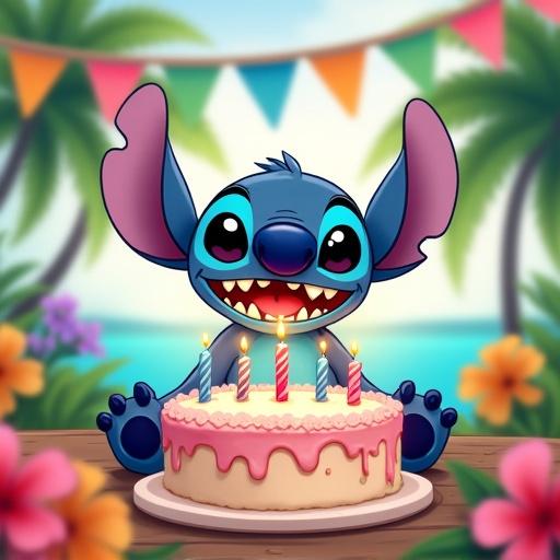 Cartoon Stitch celebrates birthday with cake. Five candles on cake. Tropical background features palm trees and flowers. Colorful flag banner hangs in background.