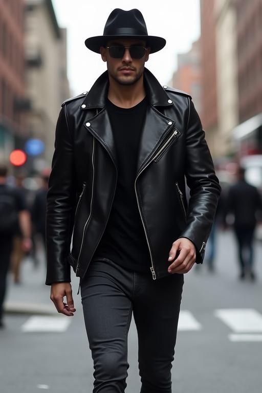 A stylish man wears a black leather jacket and a hat while walking on a busy city street.
