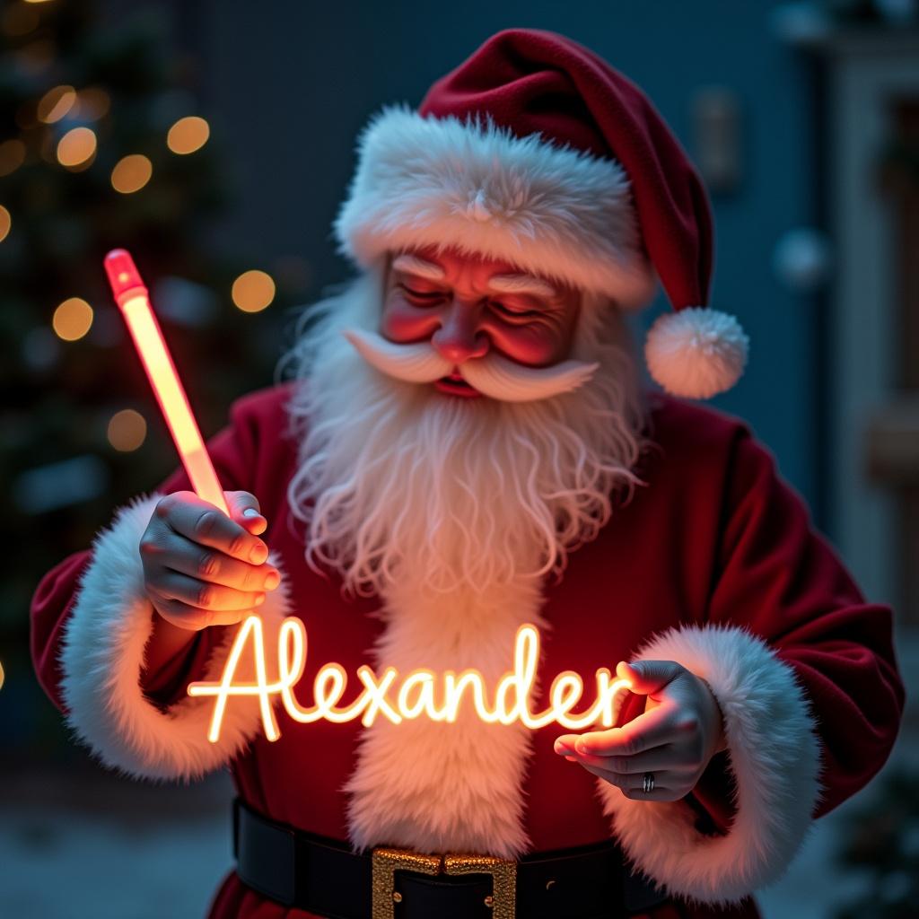 Magical Christmas Santa writing a name with a glow stick.