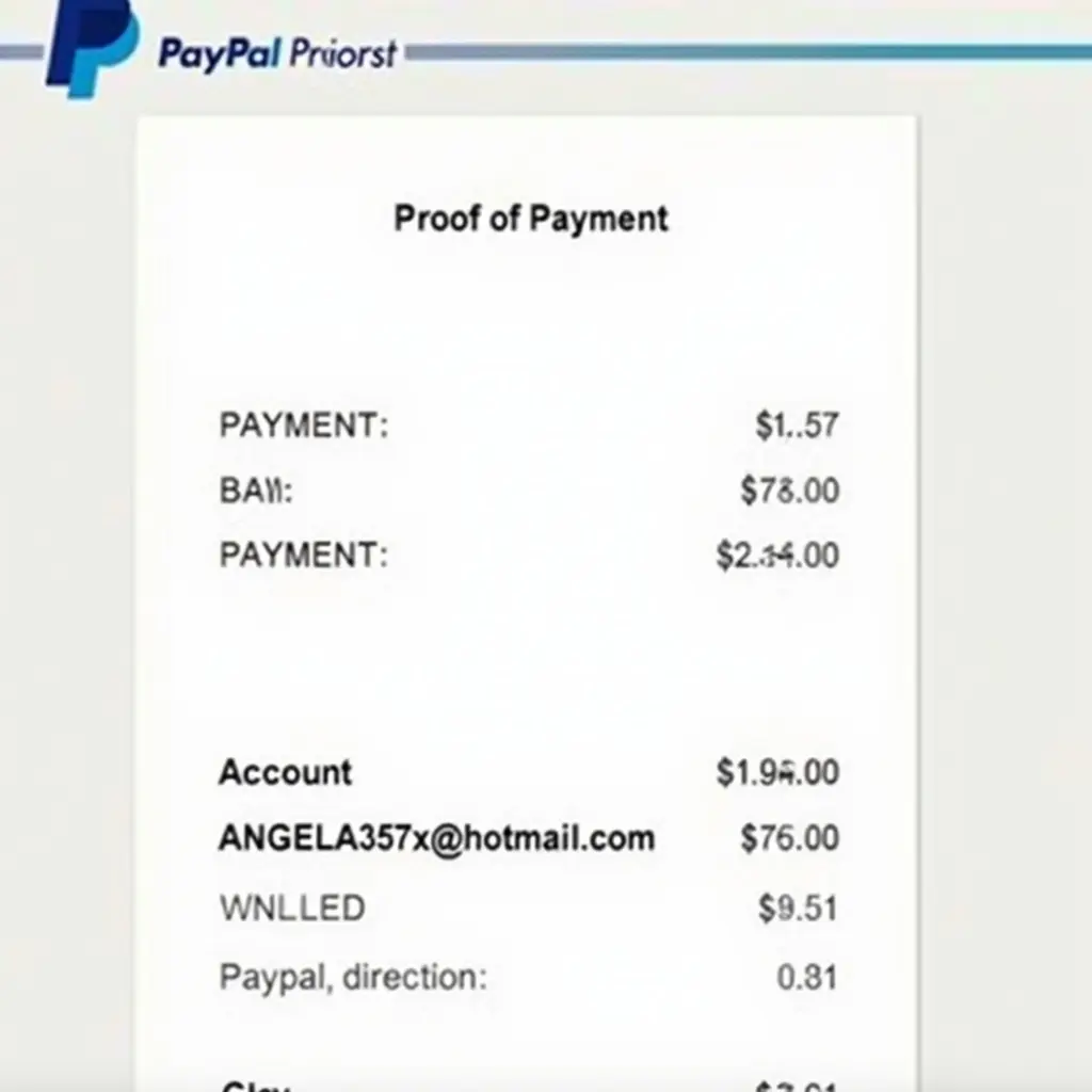 Image shows a proof of payment from PayPal. Document includes transaction details such as payment amounts. Features account information. Designed for clarity with distinct sections and clear text.