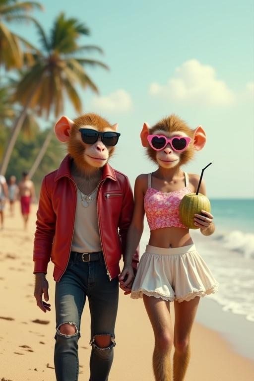 A hyper-realistic 3D monkey couple enjoying a day at the beach. Male monkey wears a red leather jacket and sunglasses. Female monkey wears a pink floral crop top, white mini skirt, and heart-shaped sunglasses, holds a coconut drink. Scene features palm trees, ocean, and tourists, shot in ultra HD.