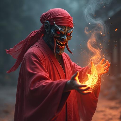 Male character wears a red headscarf and Nuo mask. Shows long fangs and big evil eyes. Dressed in a robe surrounded by evil energy. Holding a Talisman paper. Incense and smoke create mystery outdoors at night. Close-up shot in an action pose. Dancing in a weird way for Nuo ritual. Impactful and atmospheric with light and shading effects.