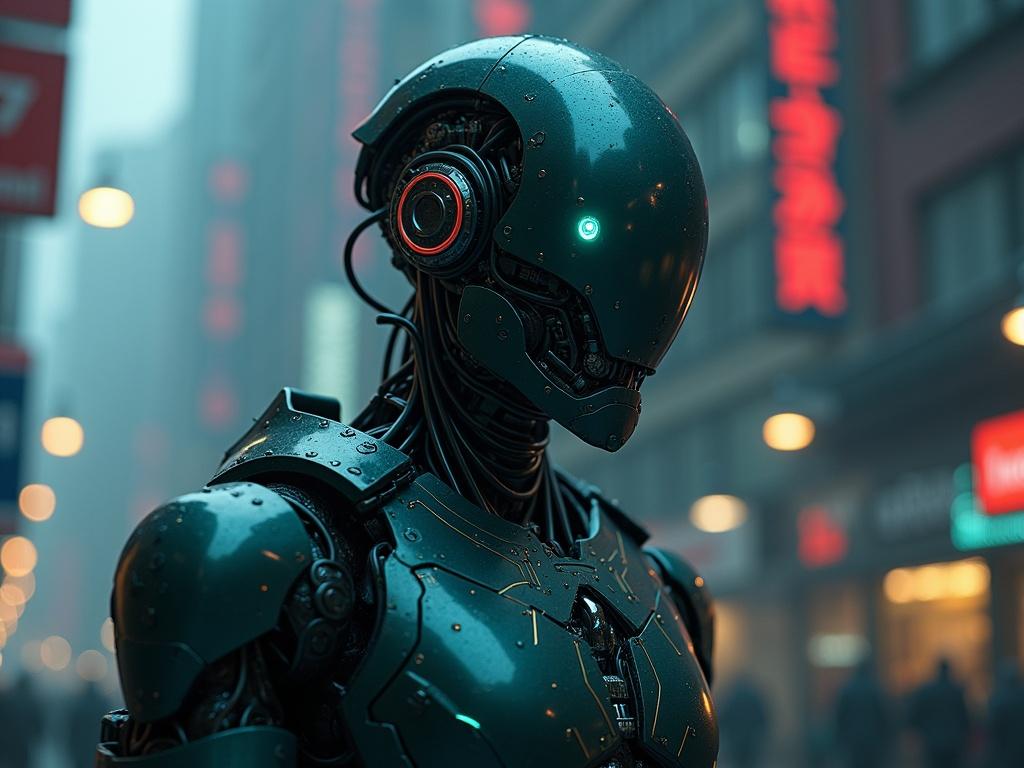 Cyborg character featuring advanced cybernetic design in a futuristic cityscape illuminated by neon lights. The character displays a blend of human and machine features with a focus on high-tech elements.