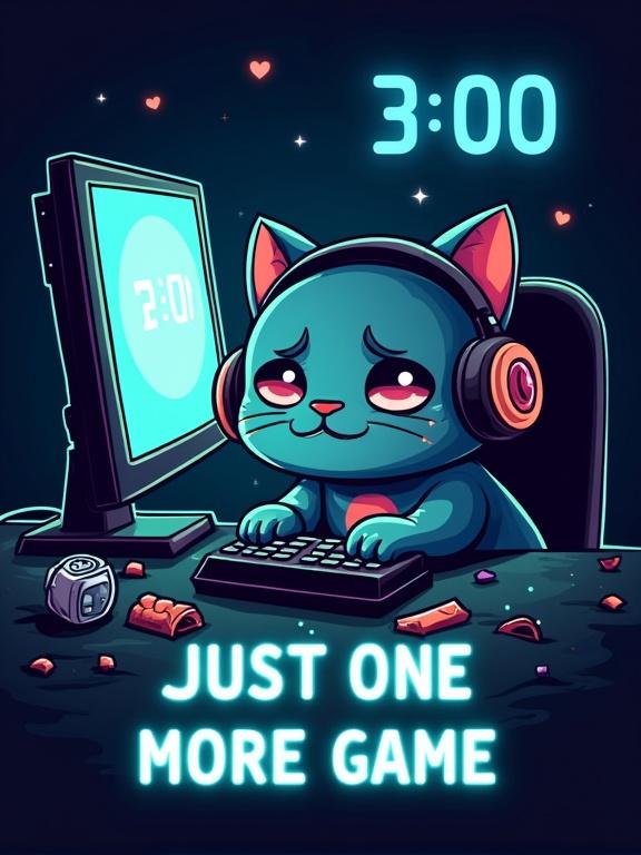 Modern esports t-shirt design features a tired cartoon cat with gaming headphones. Cat sits in front of a glowing computer screen. Digital clock shows 3:00 AM in bright blue. Phrase below reads 'Just One More Game' in bold typography. Cat has tired eyes and holds a controller. Background is dark with gaming UI elements. Neon colors with cyan and lime green. Clean vector art style suitable for t-shirt printing with snacks and energy drinks around.