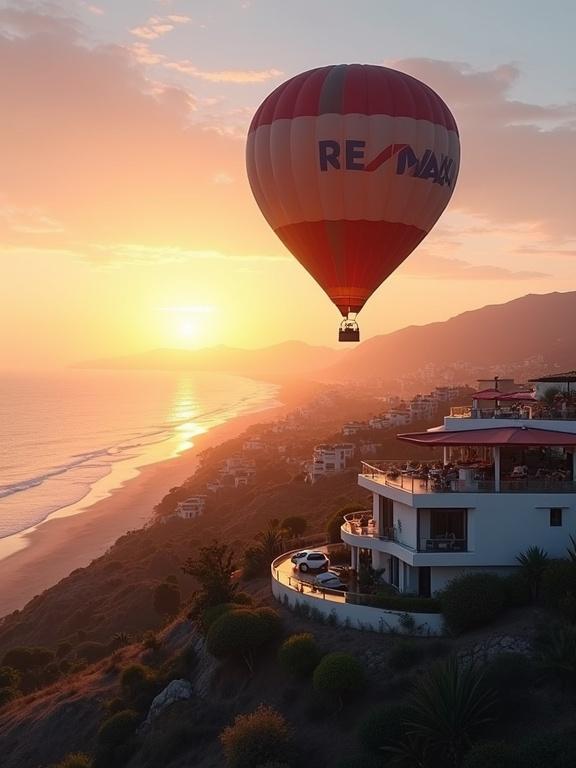 A RE/MAX hot air balloon floating on the horizon during sunset. Modern villas line the coast. The photo captures a sideways view showcasing a beautiful landscape.