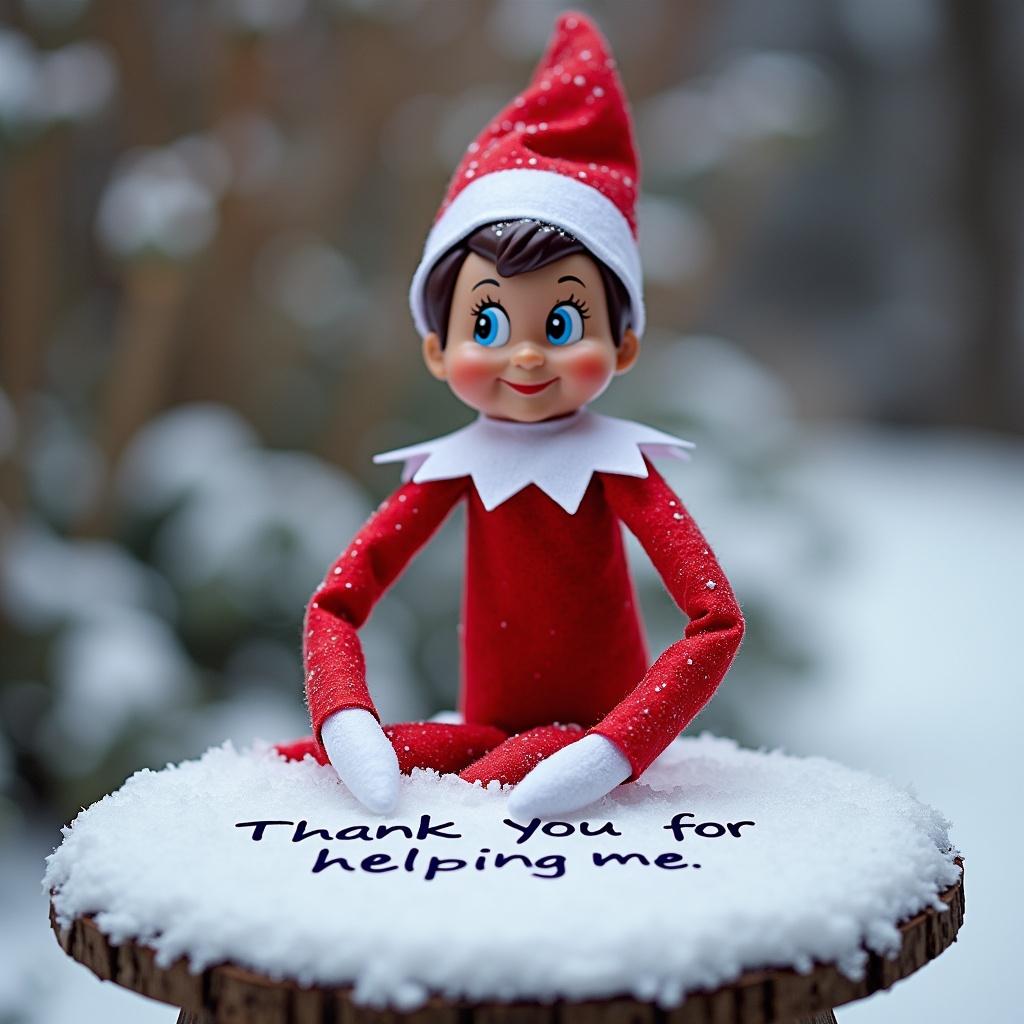 Elf on the Shelf sitting at a small table covered in snow. Elf is writing a thank you note. Captures holiday spirit and warmth.