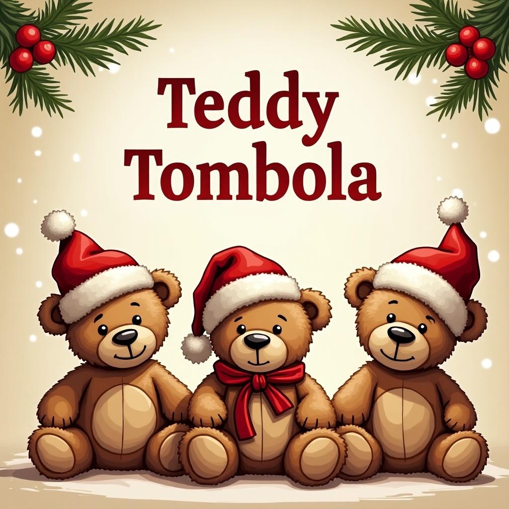 This banner features three adorable teddy bears wearing red Christmas hats. They sit closely together, exuding warmth and festivity. The title 'Teddy Tombola' is boldly displayed above them in a playful font. The background is light and festive, enhancing the holiday spirit. Holly leaves and berries are present at the corners, adding to the Christmas theme. This image is perfect for promoting holiday events or children's activities, invoking feelings of joy and nostalgia.