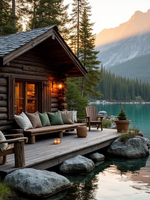 Scenic lakeside cabin at sunset. Rustic wooden structure with dark shingles. Warm lighting from windows. Long wooden bench with pillows. Round side table with candle. Small potted plant in woven basket. Smooth rocks by clear lake water. Evergreen trees and misty mountains in background.