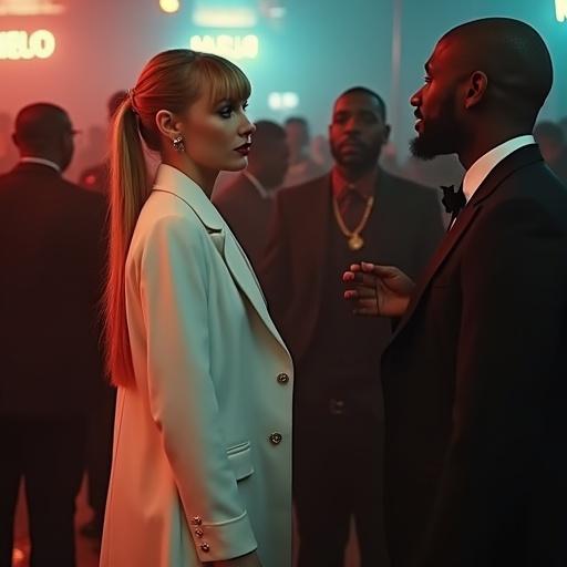 Nightclub scene featuring stylish woman with very long blonde twintails and blue eyes. Woman wears a fashionable long white overcoat and high heels. She talks to a large rapper. Black figures are in the background. This is a zoomed out full body shot.