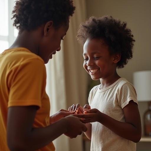A scene depicting two African children engaged in a playful activity where one child counts the toes of the other. The atmosphere is warm and friendly, highlighting their smiles and laughter.