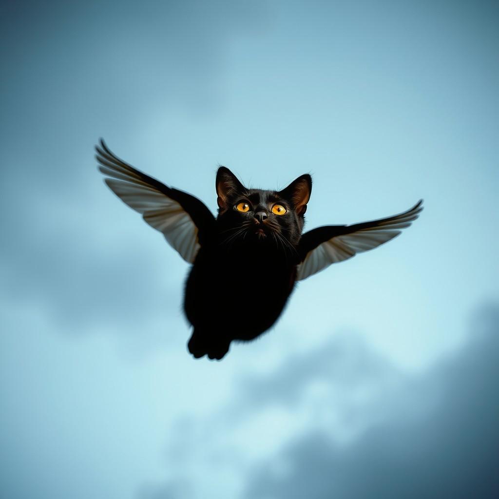 A surreal image of a black cat with wings flying in the sky.