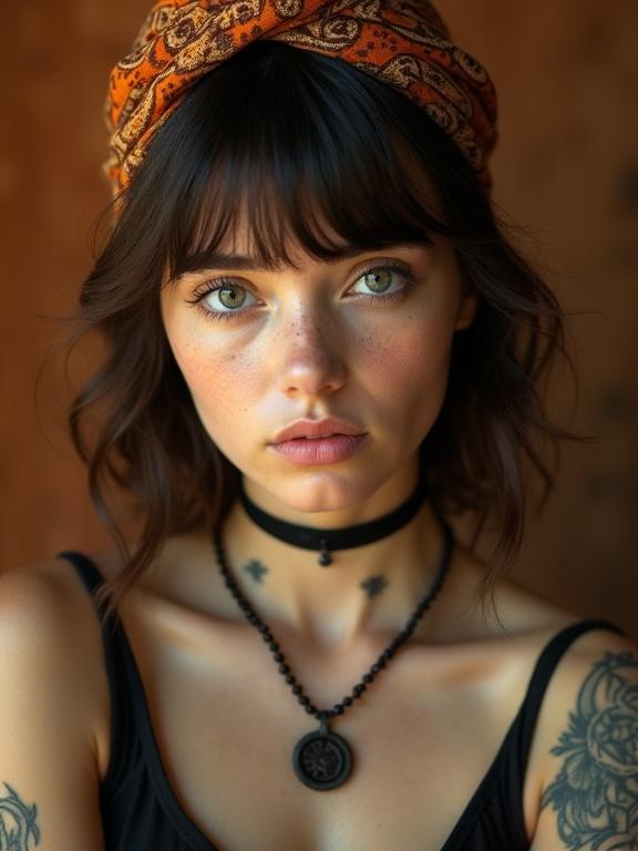 A close-up portrait of a young woman with fair skin and freckles. Dark brown, wavy hair with bangs frames her face. Light-colored eyes gaze thoughtfully at the viewer. She wears a patterned orange headscarf and a black choker necklace. Dark tattoos are visible on her shoulders. Background is softly blurred with warm tones. The lighting looks natural and diffused, giving a vintage film aesthetic.