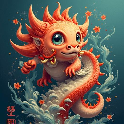 A vibrant and whimsical dragon character with bright orange features and playful expression surrounded by water and flowers. Suitable for 2D game use.