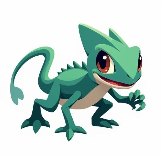 A 2D minimalistic chameleon in an attack pose. Designed in the style of a Pokémon. Bold outlines and two colors like green and black. Clean design with dynamic energy and sharp angles. Expressive eyes and no shading. White or transparent background.