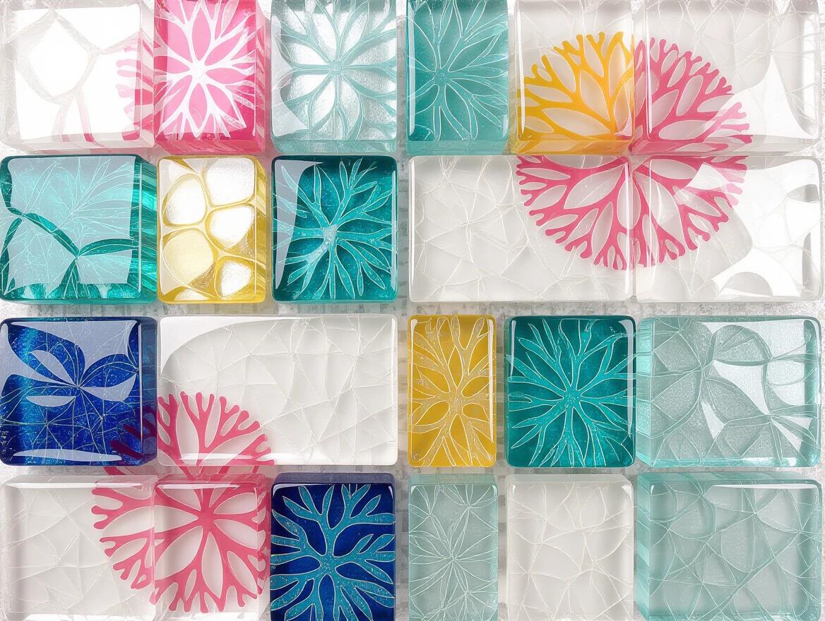 Iridescent ceramic tile and glass mosaic features ethereal abstract designs with encaustic mixed media. Stunning colorful patterns reference underwater coral reefs. Bright and reflective lighting enhances vivid hues.
