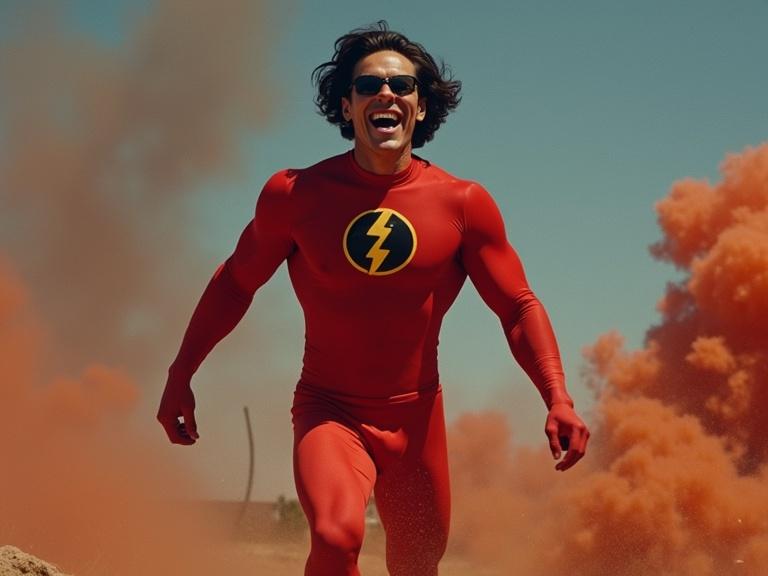 Real-life representation of a character inspired by Freakazoid. A man in a red superhero costume with a lightning bolt emblem. He runs energetically, smiling widely, set against a background of colorful smoke.