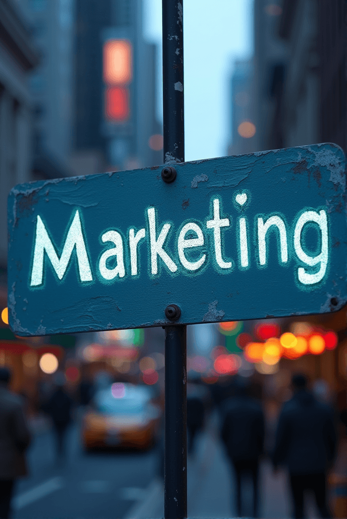 A weathered "Marketing" sign illuminated in neon, set against a bustling city street with blurred pedestrians and taxis.