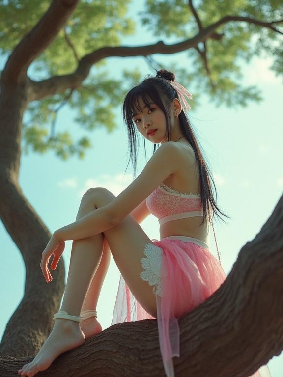 Analog photo of an Asian character inspired by Diao Chan in a feudal China garden. The character sits on a branch in bright lighting, wearing a pink outfit and stockings. She has wet hair styled with a hairpin and glossy eyes. The image captures a nostalgic early-2000s vibe with overexposure and film grain.