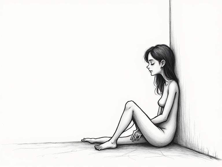 Hand-drawn thin black stickwoman in pencil sketch style sitting on the ground leaning against a wall. Eyes half-closed showing satisfaction. Background is minimally sketched emphasizing emptiness. Mood is quiet and heavy.