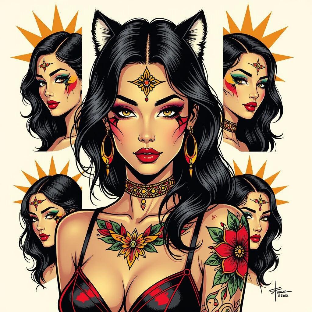 Flash tattoo sheet features exotic women with distinct tattoos. Design includes bold lines and vibrant colors. Illustrative style blends influences from celebrated artists. Representation of female empowerment through art. Details emphasize body art and culture.