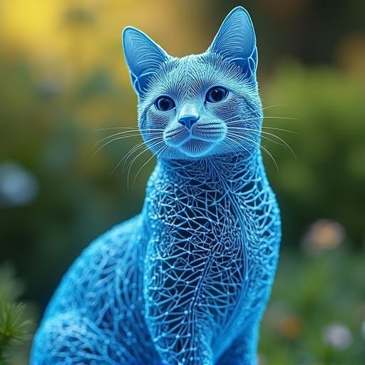 A blue wireframe cat sitting in a garden. The cat has a low poly design and a translucent body. Background features greenery and soft light.