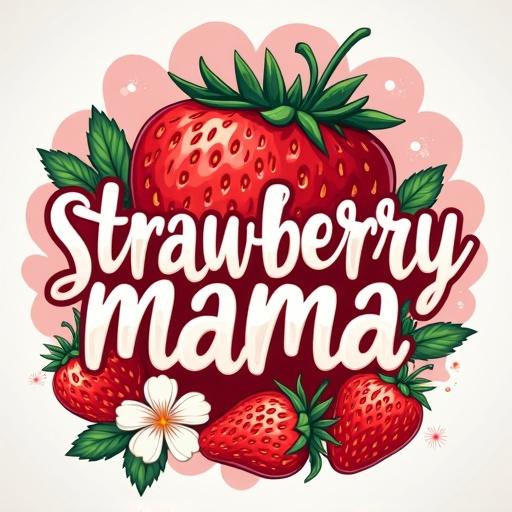 Design concept for t-shirt features phrase 'Strawberry Mama'. Design captures feminine vibe with strawberry elements. Typography options include bold playful font filled with strawberry red to pink gradient. Elegant script font for word 'Mama' in soft cream. Handwritten style font for additional text. Color palette includes strawberry red leaf green pink gradients and cream accents. Graphic elements feature strawberry illustrations with playful expressions and decorative leaves. Layout ideas include centered text surrounded by illustrations and stacked text with small strawberry illustrations. Style directions focus on kawaii cute style and retro vintage style. Technical specs call for 300 DPI resolution with transparent backgrounds and vector files.