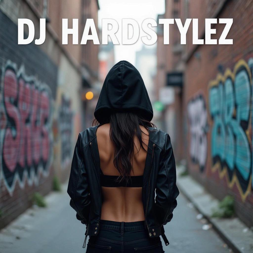Raw photo capturing a woman in a black hoodie and jacket standing in a dark alleyway. She faces forward with one hand behind her back. Background filled with colorful graffiti. Text overlay states DJ Hardstylez. Suitable for album cover art.