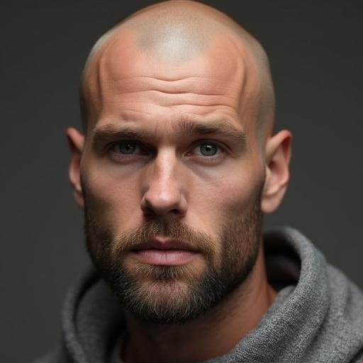 A close-up portrait of a bald man with a beard. The man has a serious expression and is wearing a hooded sweater. The lighting is soft and creates a dramatic effect. The background is dark, emphasizing the man's features.