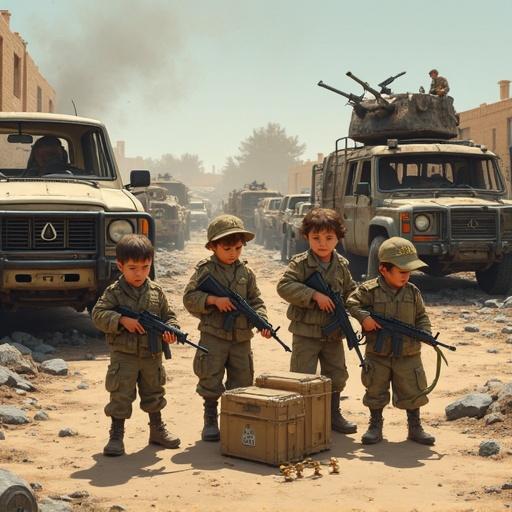 Illustration of children involved in conflict. Boys and girls unloading ammunition crates. Vehicles in the background with fire and destruction. Children exhausted from combat. Each child carries an M16 rifle.