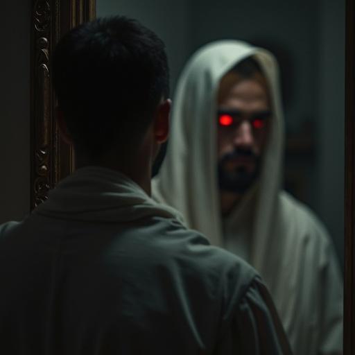 Hamza looking into the mirror. Blurry reflection of red-eyed figure in white robe behind him. Inside a mosque room. Dark and mysterious atmosphere. Realistic depiction.
