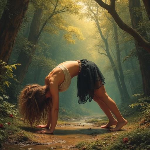 Woman performing a plank exercise in a lush forest setting inspired by Josephine Wall's artistic style.