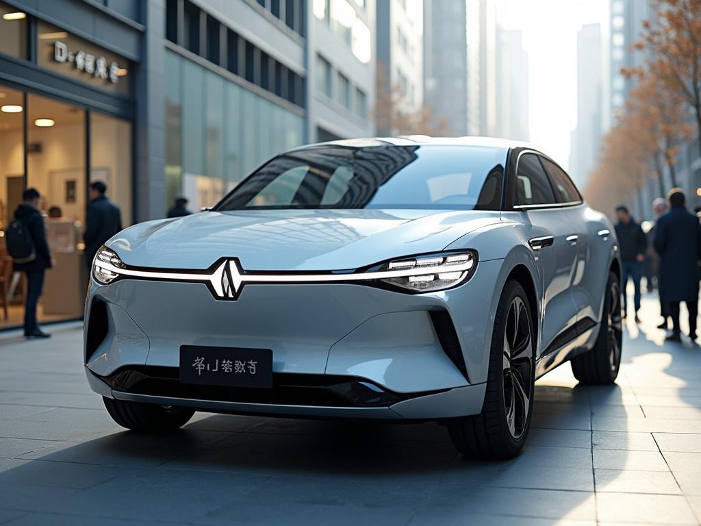 A sleek electric car showcased in a modern urban setting in China. The car design is futuristic and appealing. People are walking in the background, highlighting a vibrant city atmosphere.