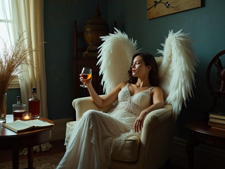 A woman with large white feathered wings relaxes in a beige armchair. She wears a sheer, light-colored lace dress. She holds a glass of amber liquid. The room is dimly lit with dark blue walls. Candlelight illuminates vintage furniture and dried grass arrangements.