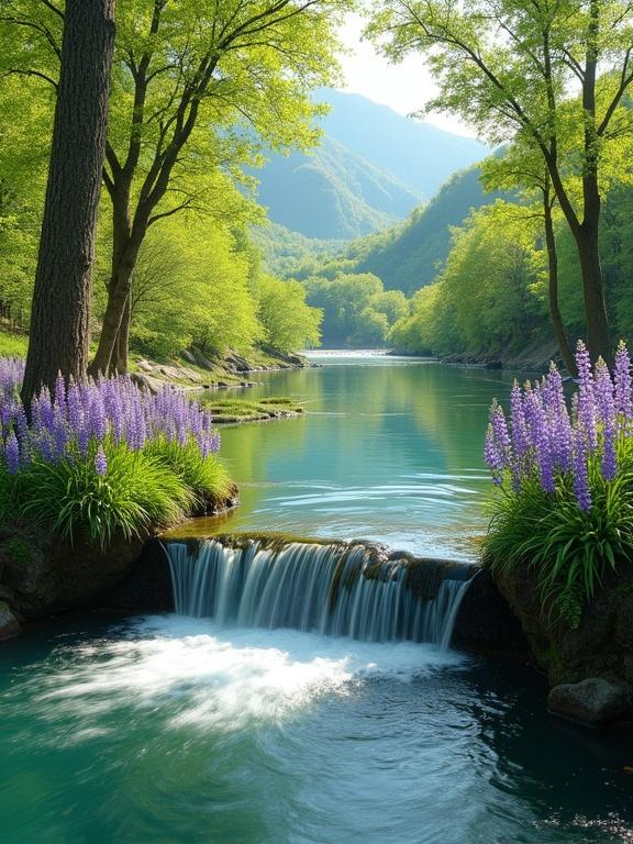 Serene landscape with a small waterfall flowing into a clear river. Smooth moss-covered rocks create a gentle splash as water meets deep teal below. Lush greenery and tall trees frame the river. Brown tree trunks with textured bark arch over the water. Purple lupines add contrast, surrounding the waterfall. Ground has soft grass and shrubs. Rolling hills or mountains in background with sunlight filtering through. Peaceful and vibrant atmosphere.
