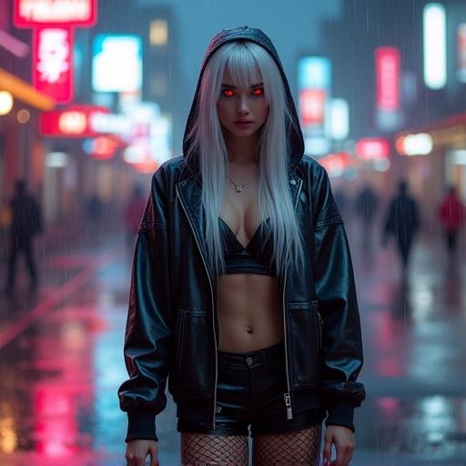 A woman stands in the rain in a cyberpunk city. She has long white hair and red eyes. She is wearing a shiny black leather hoodie. Her outfit reveals cleavage. She has fishnet stockings and short pants. Neon lights illuminate the city and reflect in the puddles.