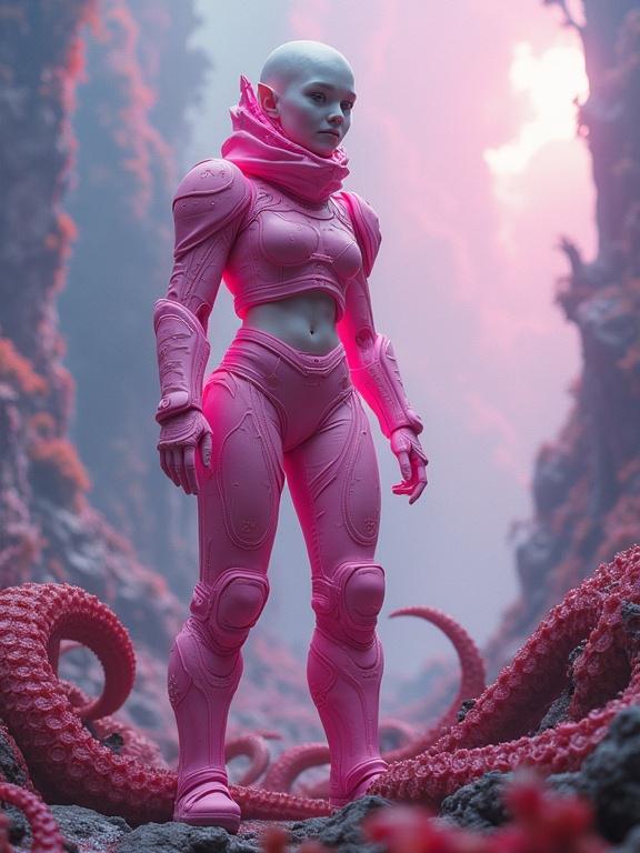 Detailed sci-fi action scene with beautiful character. Alien planet urban city with colorful flora and fauna. Dynamic pose, pink techwear armor. Spaceship and alien robots in background. Realistic, cinematic quality.