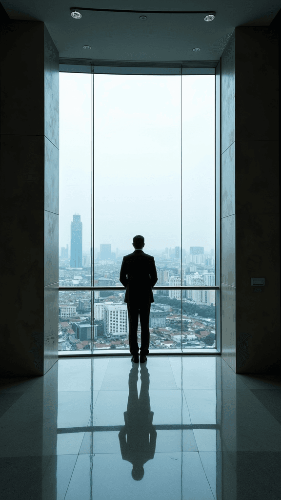 A person in a suit stands in front of a large window overlooking a city skyline, with their reflection mirrored on the polished floor.